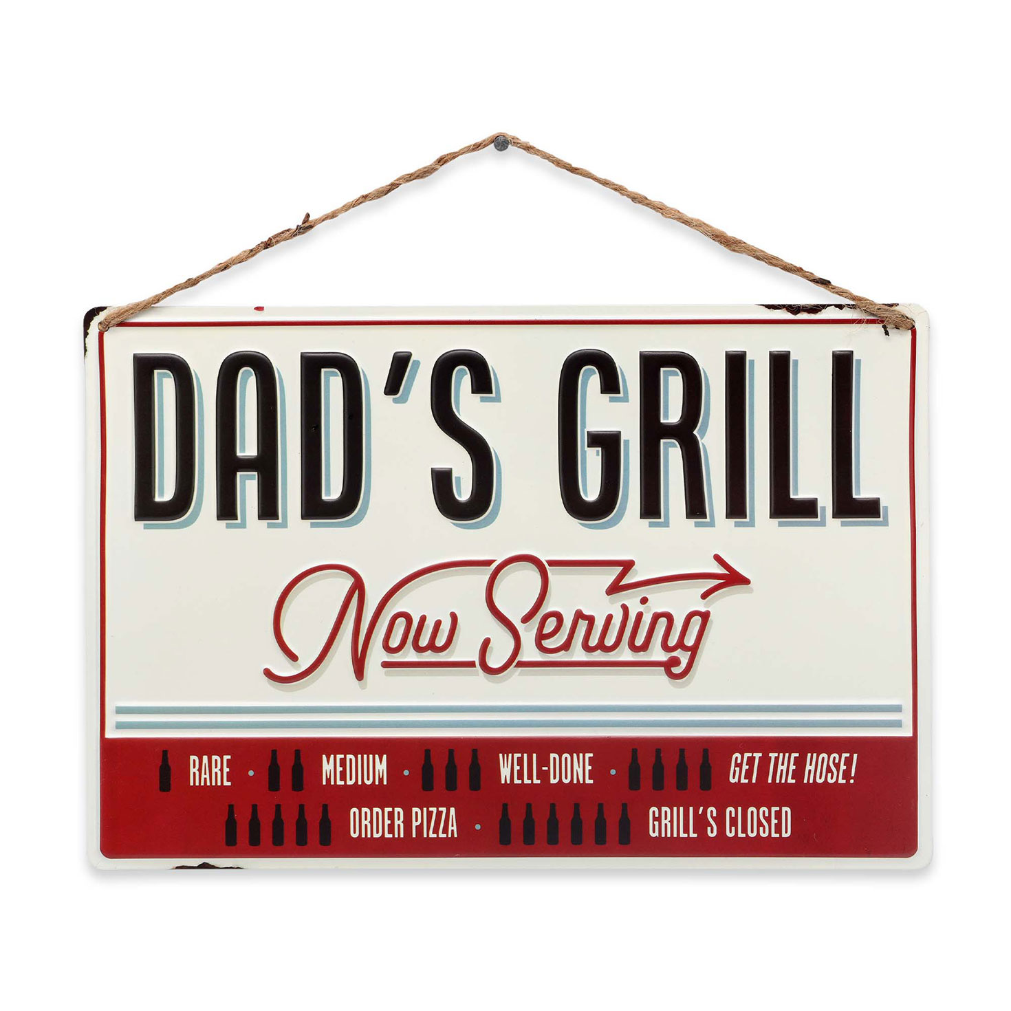 Dad's Grill Now Serving Embossed Tin Sign 