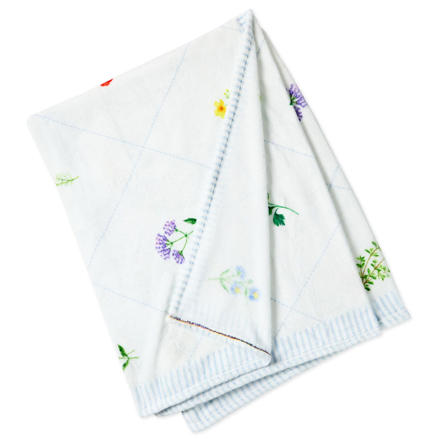 Cream Fleece Blanket With Flowers and Striped Border Folded